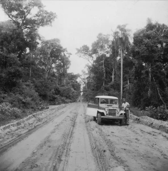 Foto 1: [Estrada arenosa depois de Maraba, no meio da mata virgem, vendo-se jeep. Verifica-se grande frequência de peroba e de aráceas (PR)]