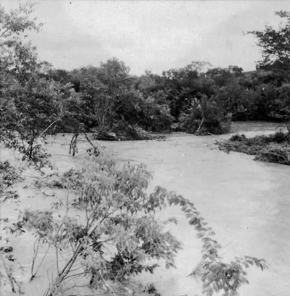 Foto 9: Ângulo da ponte destruída pela enchente do Rio Guareí : aparece a vegetação : Município de Angatuba (SP)