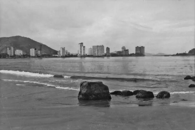 Foto 64: Aspecto parcial da cidade de Santos, vendo-se os edifícios altos que margeiam a praia (SP)